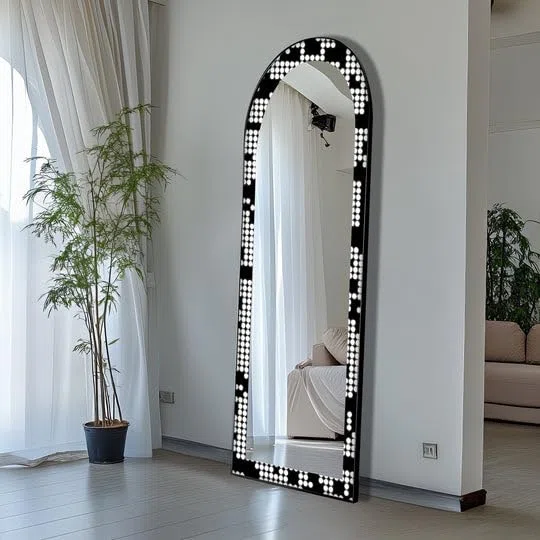 Specchio da pavimento a forma di punto monocromatico, lunghezza totale 50,8 cm x 160 cm (larghezza x altezza), specchio da pavimento con cornice nera e cornice nera
