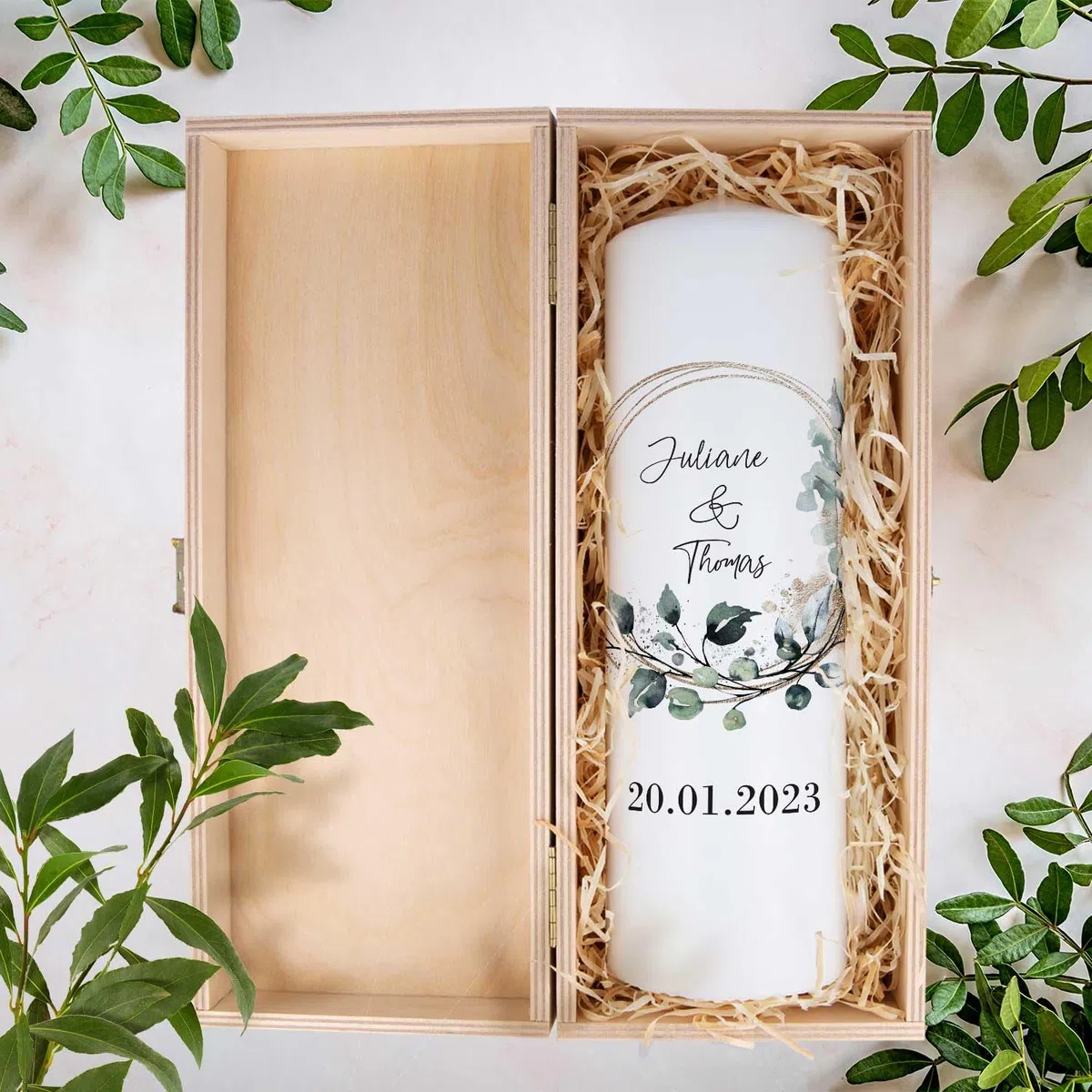 GRAVURZEILE Candela Stampata - Cerchio Floreale - Personalizzata Con Nome e Data per Nozze - Regalo per Sposi - Pilastro di Alta Qualità 250/80 mm - Bianco