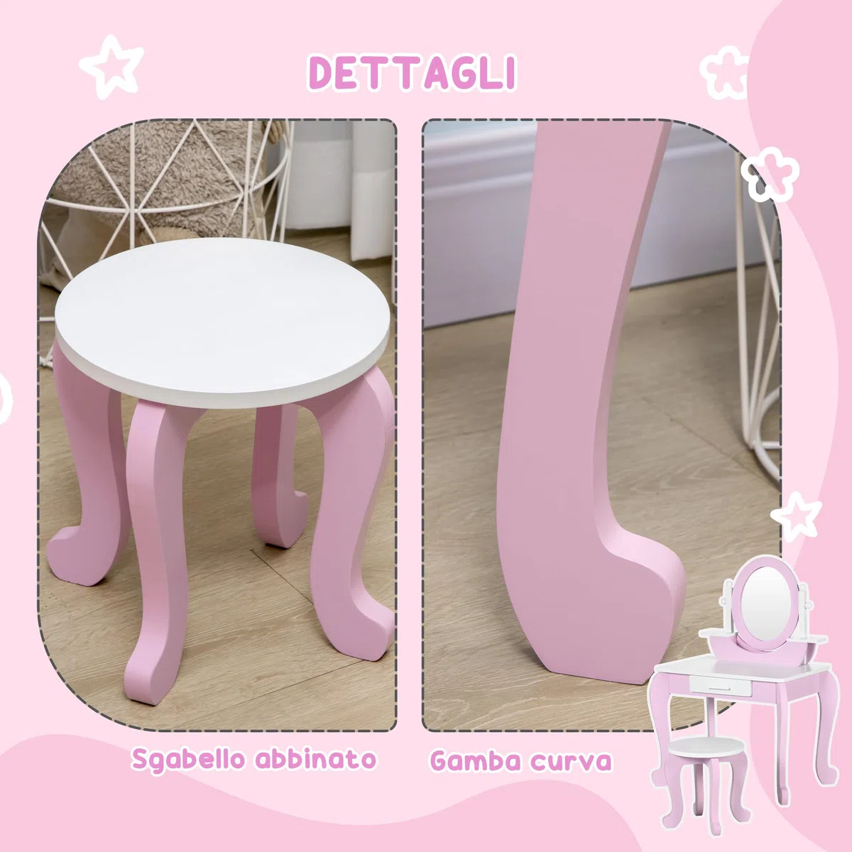 ZONEKIZ Set Toeletta Trucco per Bambini, Tavolino da Trucco con Specchi e Sgabello per Bambini, Età 3-6 Anni, Rosa