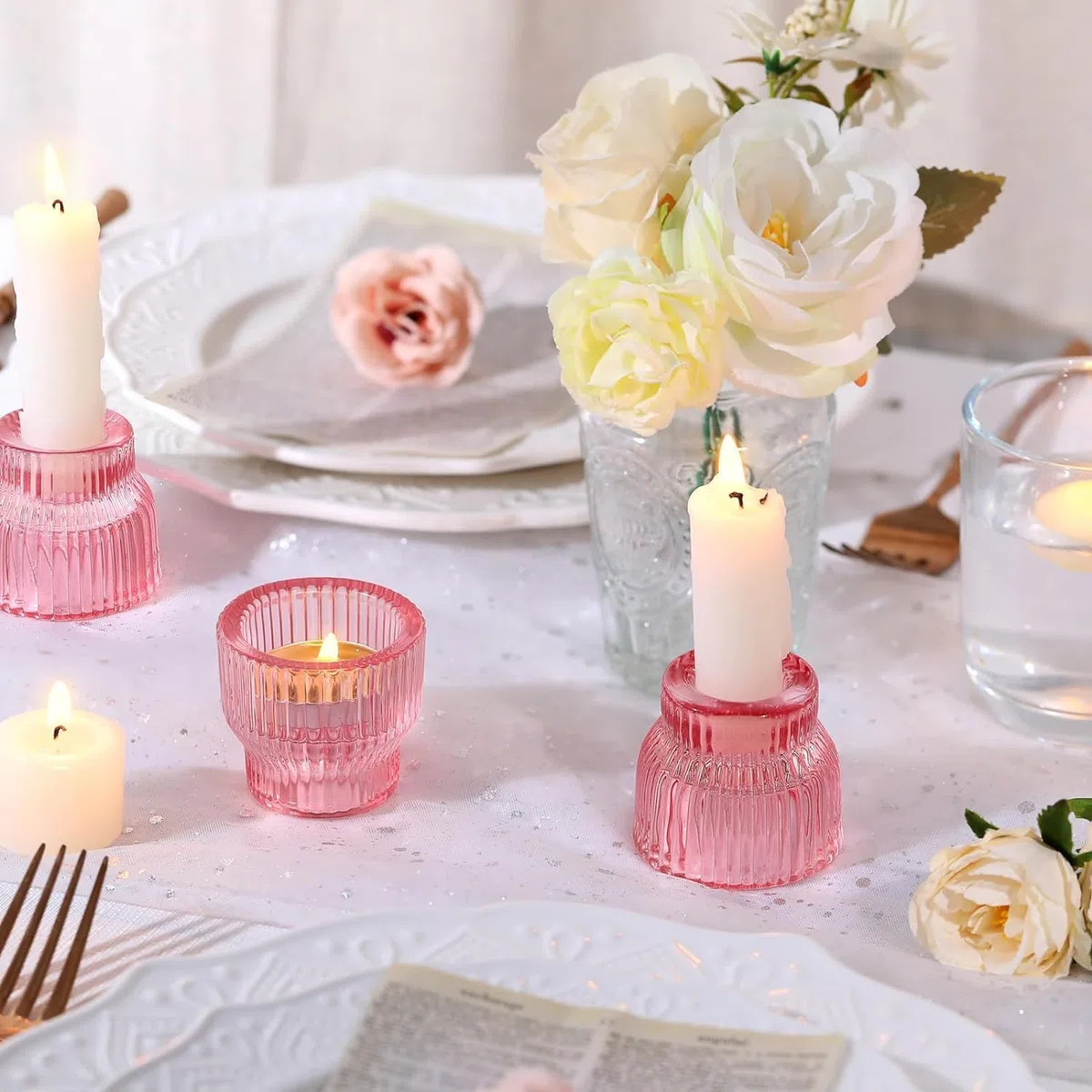 12 portacandele conici rosa, portacandele in vetro, portacandele per lumini, centrotavola per matrimoni, decorazioni da tavola, portacandele votivi per feste e decorazioni per la casa