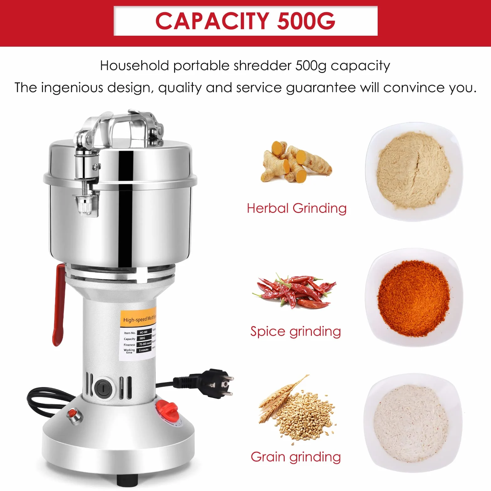 Mulino per Cereali 500g,trita pietre 2500W Portable Grinder 220V 3 Lame Riso a Macinazione Rapida, Sesamo, Cereali integrali