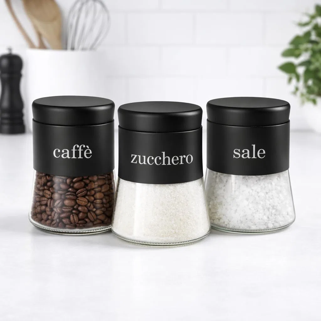 Set 3 Barattoli in Vetro 750 ml per Sale, Zucchero e Caffè – Contenitori con Coperchio – Eleganti, Resistenti, Ideali per la Cucina, Vari Colori (NERO)
