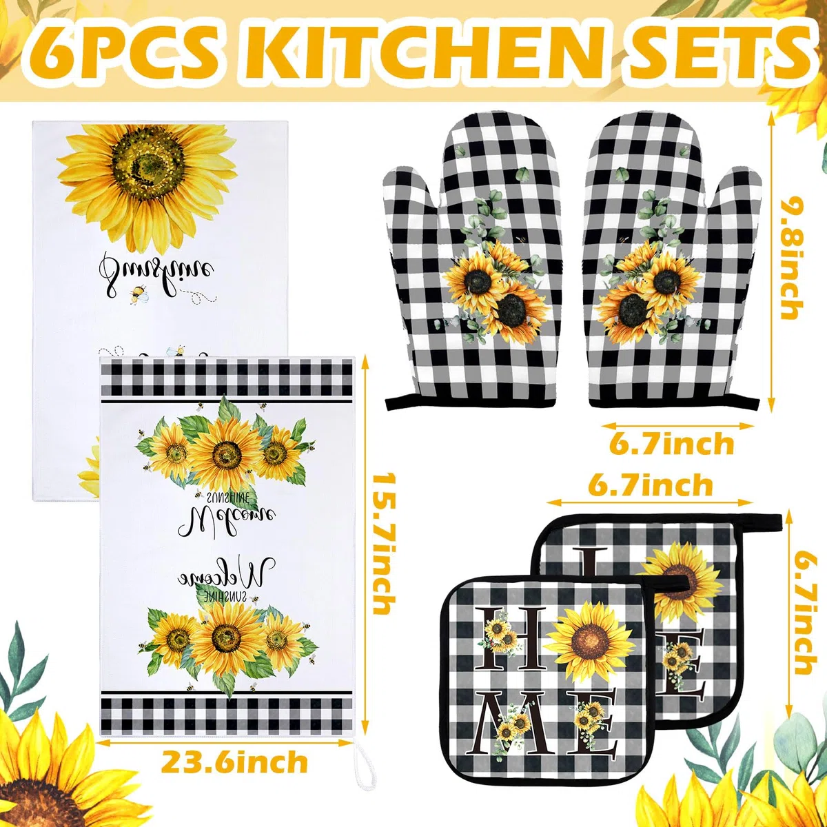 Bencailor 6 presine decorative da cucina, 2 strofinacci, 2 guanti da cucina in fattoria, 2 presine, accessori per cottura alla griglia (giallo, girasole)