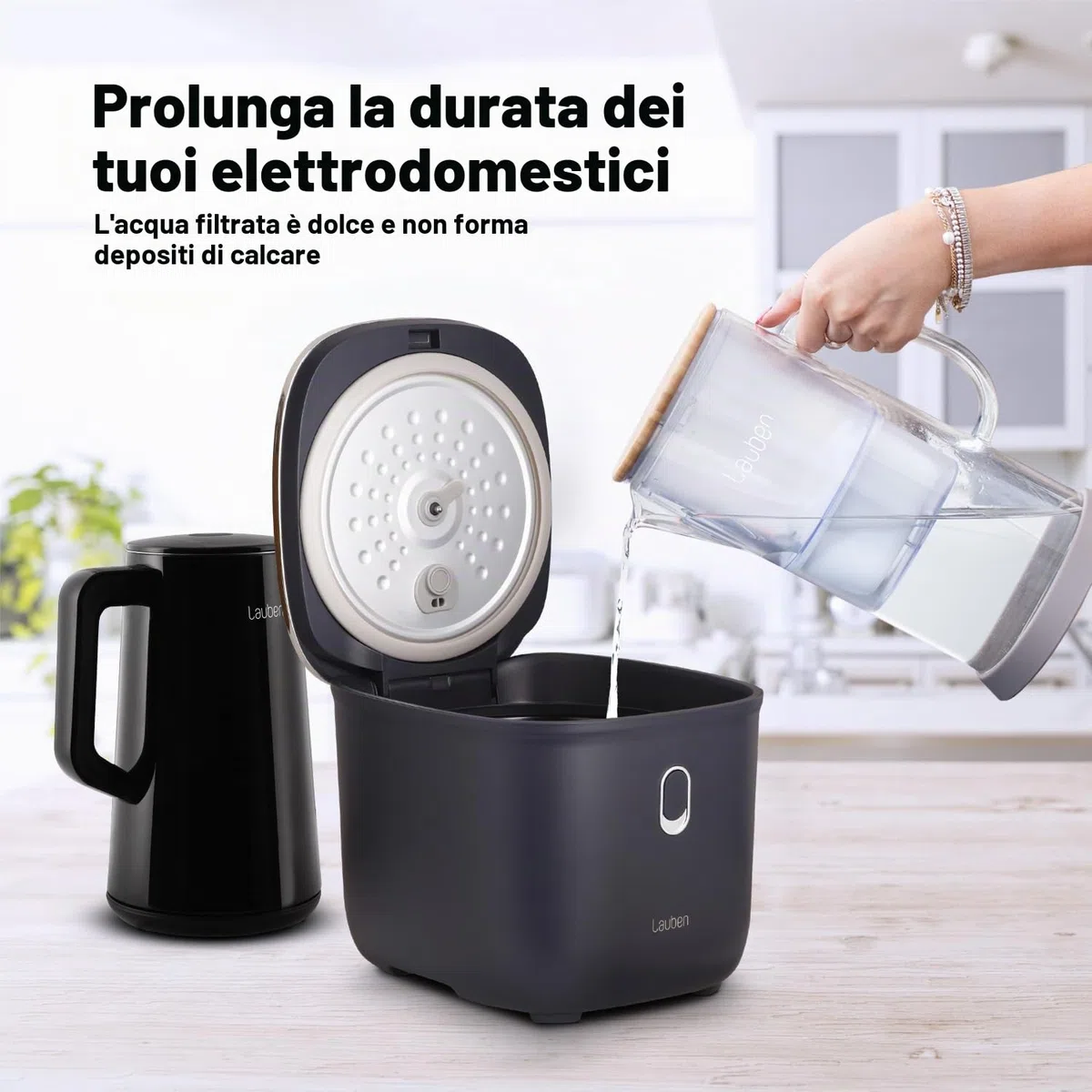 Lauben 32GW - Filtro d'acqua in vetro, capacità 3,2 l, vetro borosilicato, cartuccia inclusa, coperchio antibatterico in bambù, nessun retrogusto in plastica
