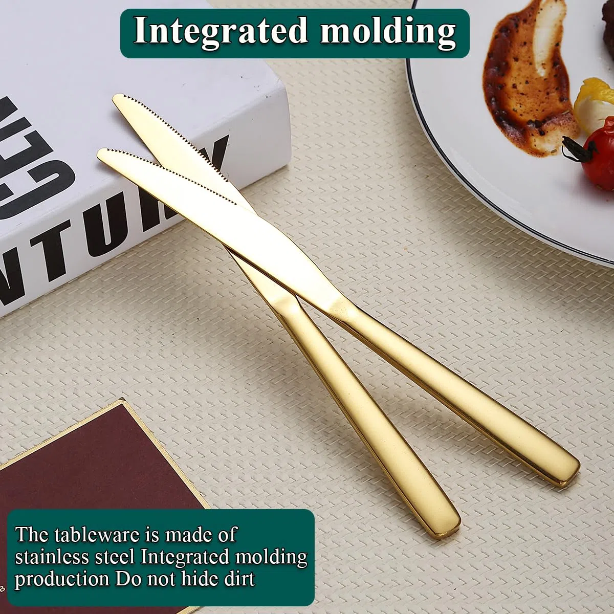 Evanda Set di coltelli da bistecca in oro 12 pezzi, coltelli da tavola in acciaio inox placcati in titanio, set di coltelli da burro, set di posate in argento, set di posate, lavabili in lavastoviglie