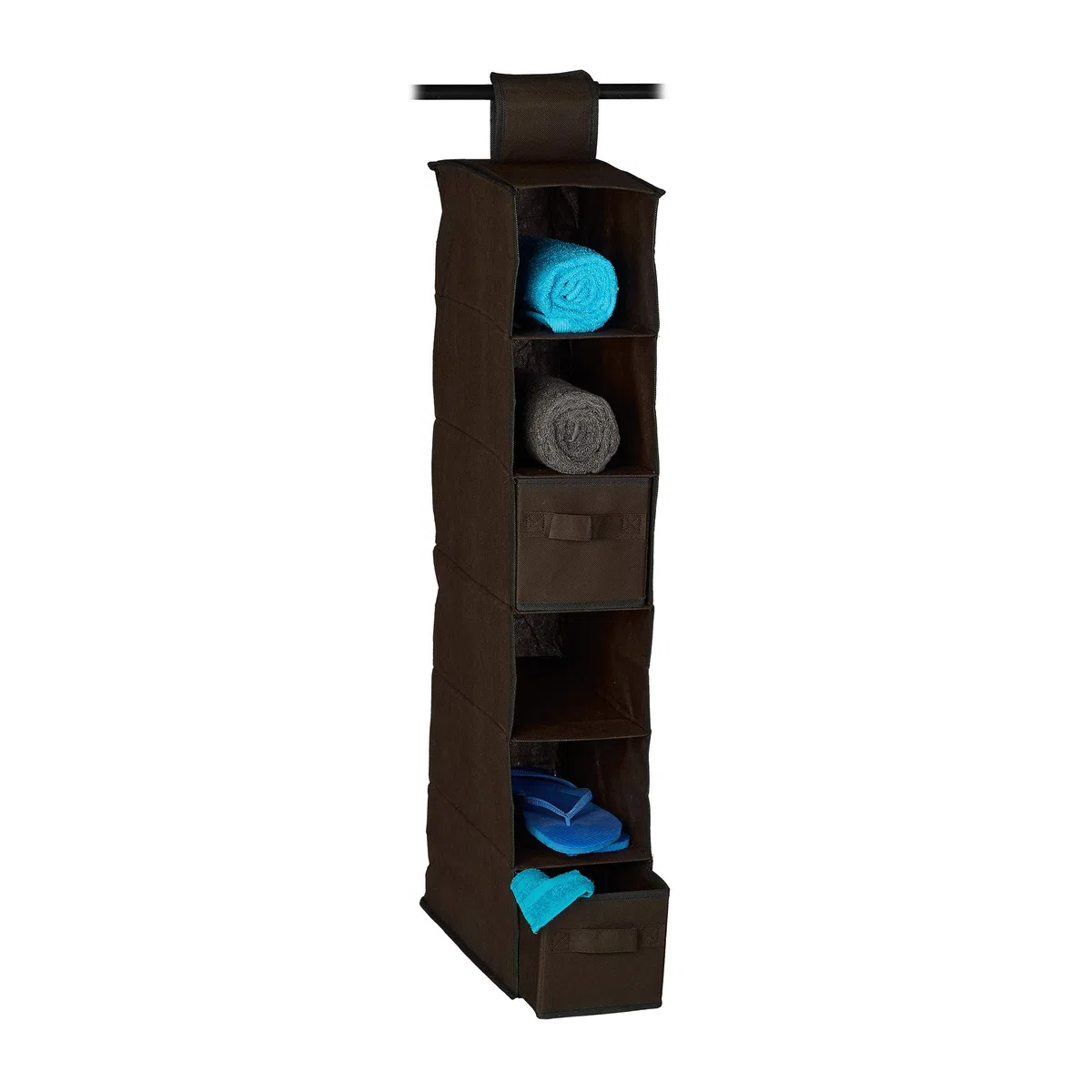 Relaxdays Organizer Armadio per Stoffa, 6 Scomparti, 2 Cassetti, Scaffale da Appendere; 82 x 14,4 x 30 cm, Marrone