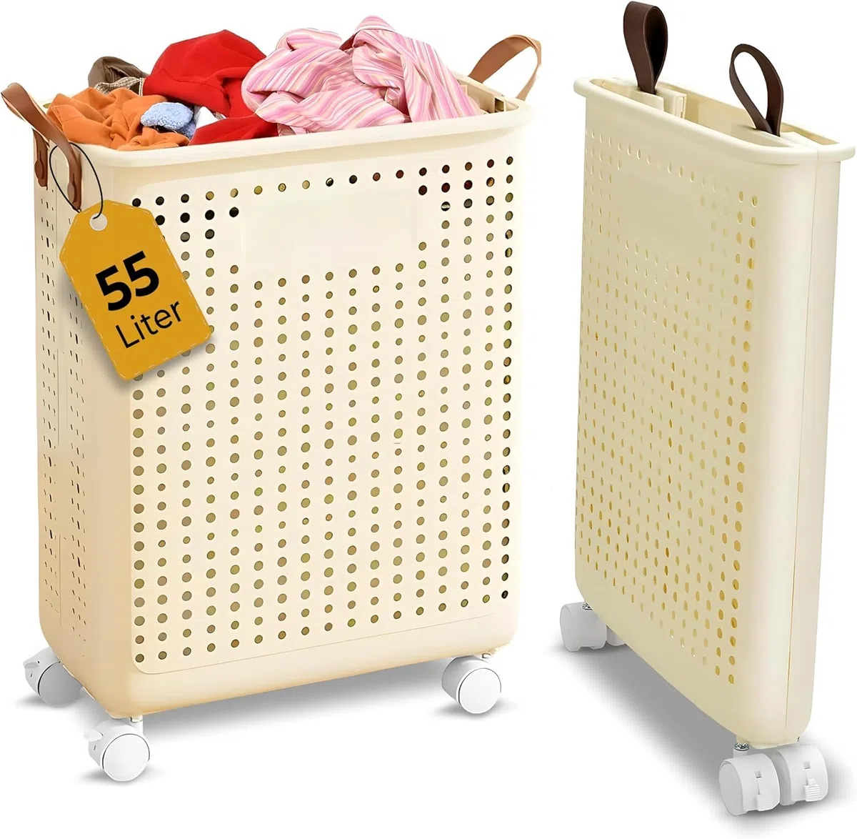 55L Foldable Laundry Basket with Wheels - Slim Rolling Laundry Hampers for Dorm, Apartments - Portable Clothes Organizer Storage Basket with Handles - Collapsible Storage Bins for Clothes, Toys