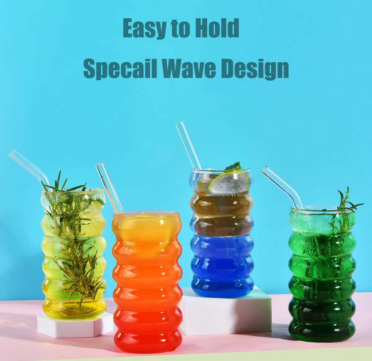 ALINK Set di 4 bicchieri di vetro a coste con cannucce, 473,6 ml, bicchieri da caffè ghiacciato, bicchieri da birra ondulati, bicchieri da birra per coctail, latte, soda, regalo con pennello