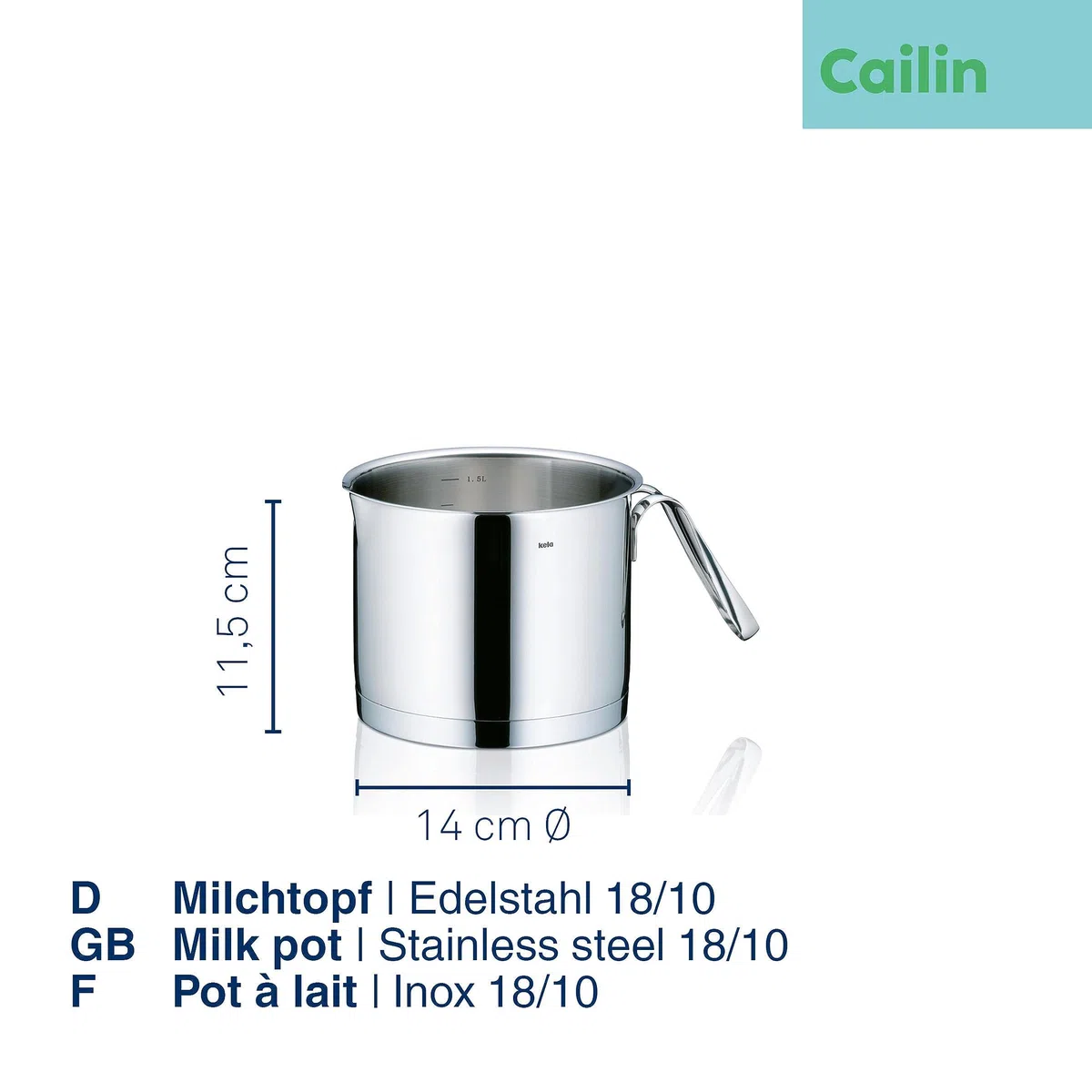 kela Pentola per latte a induzione 1,75 L CAILIN, pentola per latte 14 cm, acciaio inossidabile 18/10, scala interna, pentola per latte con beccuccio, senza rivestimento
