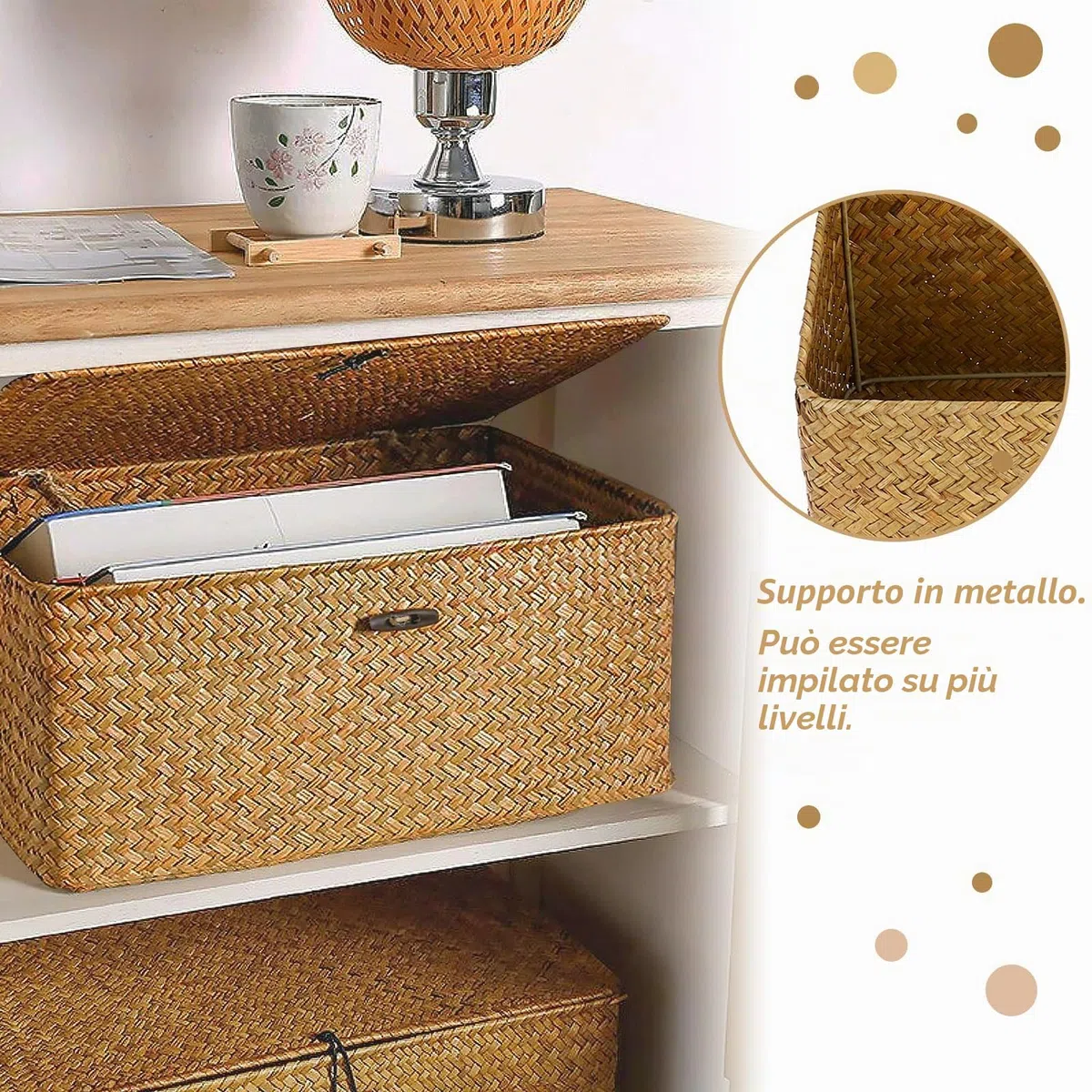 Cesto Portaoggetti in Rattan Intrecciato, Set di 3 Cestini Portaoggetti in Vimini con Coperchio, Cesta in Vimini di Seagrass, per Scaffali, Scrivania, Organizer per la CasaS(S, M, L, Arancione)