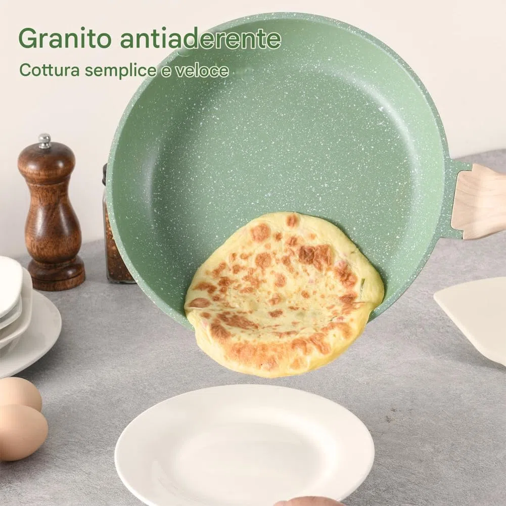 BAKAJI Batteria di Pentole e Padelle 15 Pezzi a Induzione e Gas, Set Adatto a Tutti i Piani Cottura, Antiaderente in Alluminio Pressofuso ed Effetto in Granito con Coperchio e Accessori (Verde)