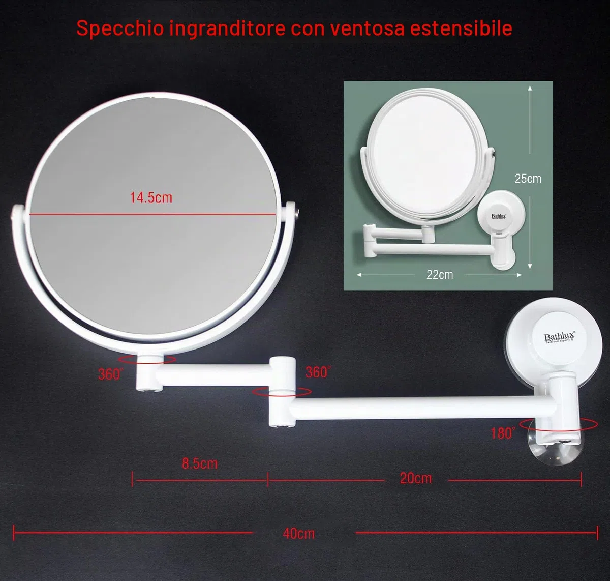 MASMAS Specchio trucco da parete da bagno con ingrandimento 1X/2X cosmetico a doppio lato girevole a 360 con ventosa facile installazione
