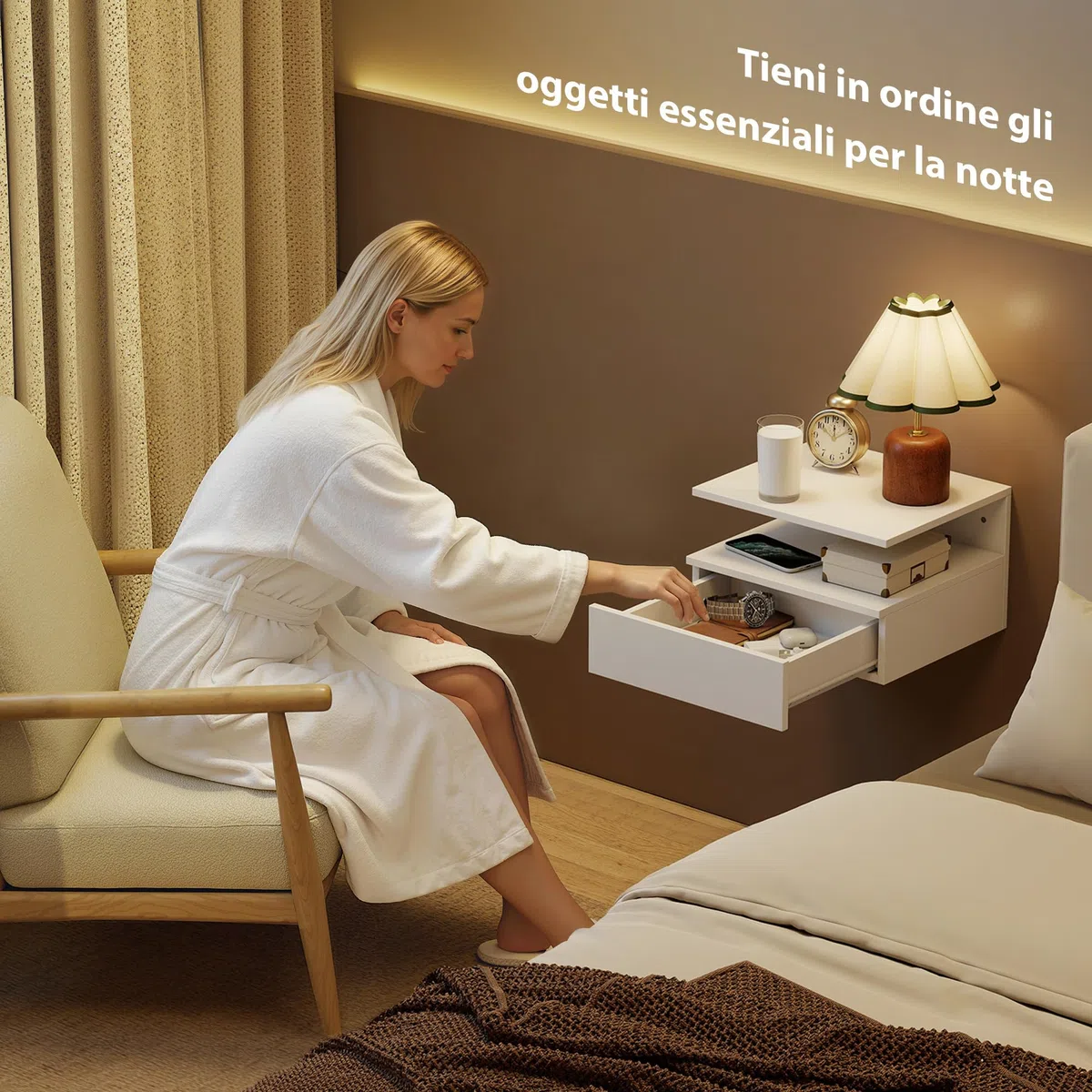 HOMCOM Set di 2 Comodini Camera da Letto Sospesi con Cassetto e Scomparto Aperto, Coppia di Comodini Moderno in Legno, Tavolini per Divano, Soggiorno, Salotto e Camera, 35x32x22.5 cm, Bianco