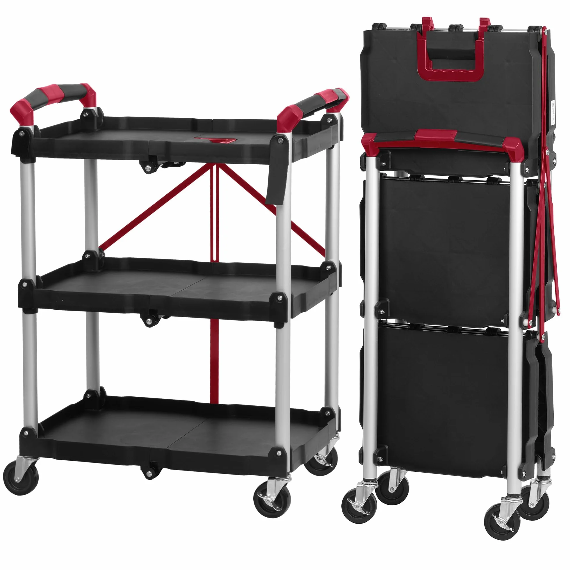 Mahlzeit Carrello da Portata Pieghevole con Ruote, 64 x 40,5 x 82 cm, Portata Fino a 150 kg, Scaffale Pieghevole a 3 Livelli, Rosso/Nero