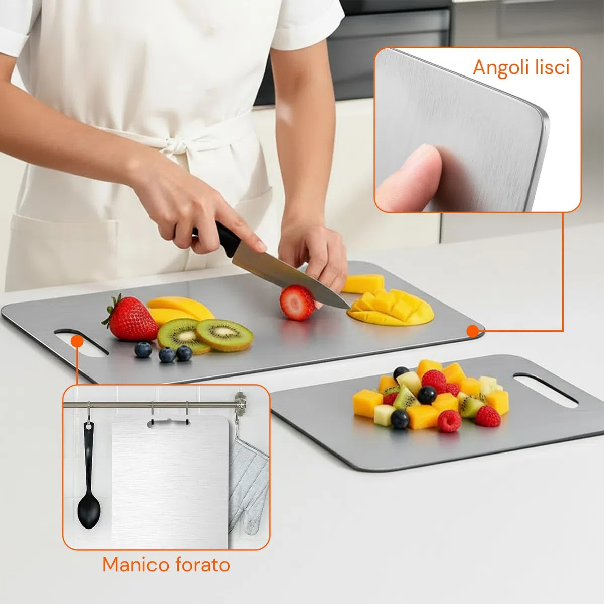 Avilia - Tagliere Acciaio Inox Bifacciale con Manico Forato Set 3 Diverse Dimensioni per Carne Pesce Verdure e Pane Uso Quotidiano Superficie Igienica Antiruggine Salvaspazio