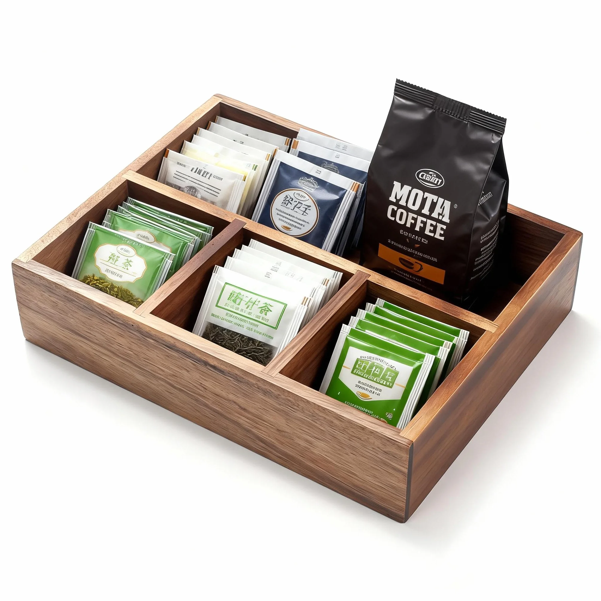 XIMISISE Porta bustine di tè, organizer per bustine di tè in legno di acacia, cestino per caramelle, organizer per pacchetti di zucchero, organizer per condimenti per caffetterie