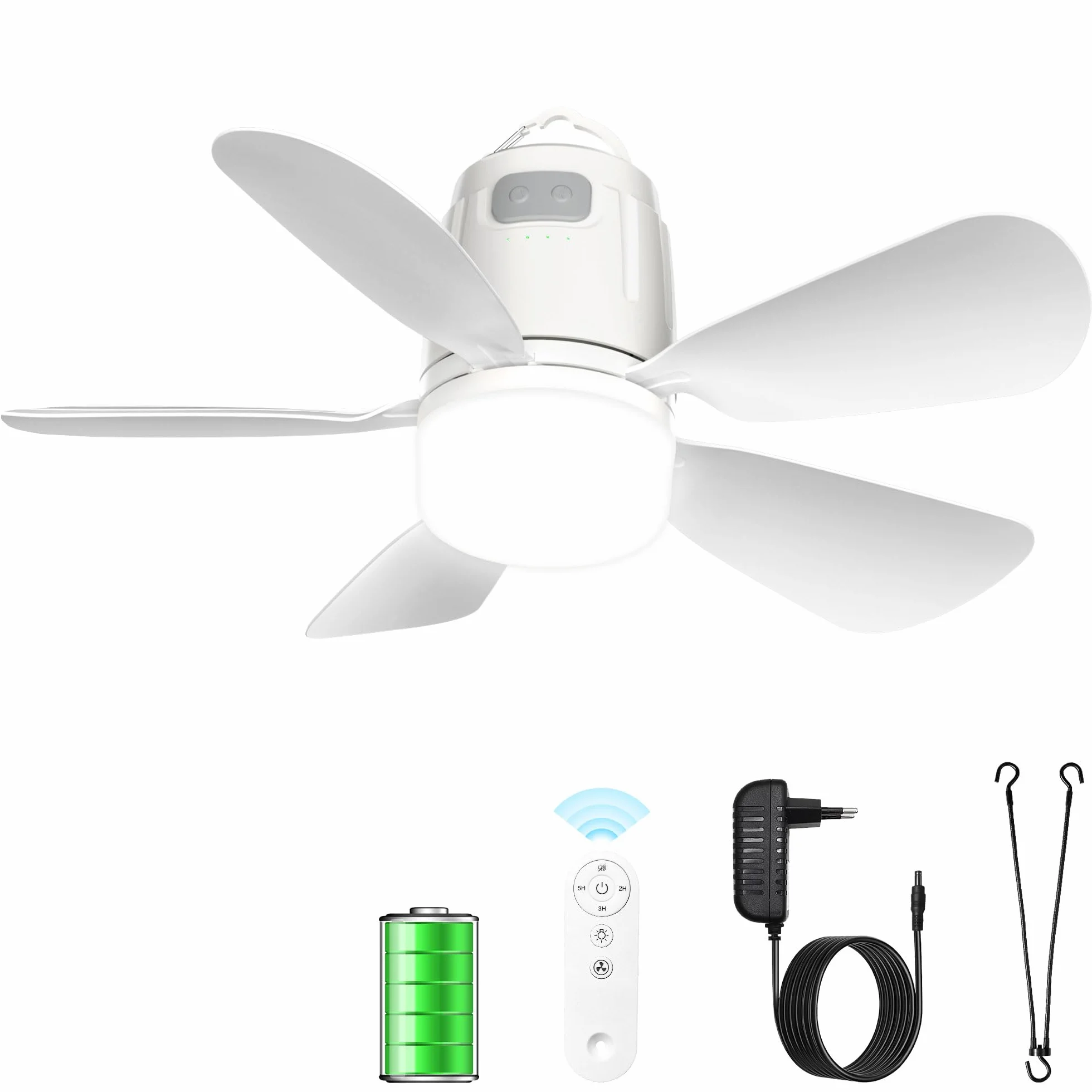 Gliztech 50CM Ventilatore da Soffitto Esterno, 20000mAh Lampadario con Pale con Batteria, Ventilatore Campeggio Rimovibile con Gancio e Telecomando per Gazebo, Terrazza, Tenda