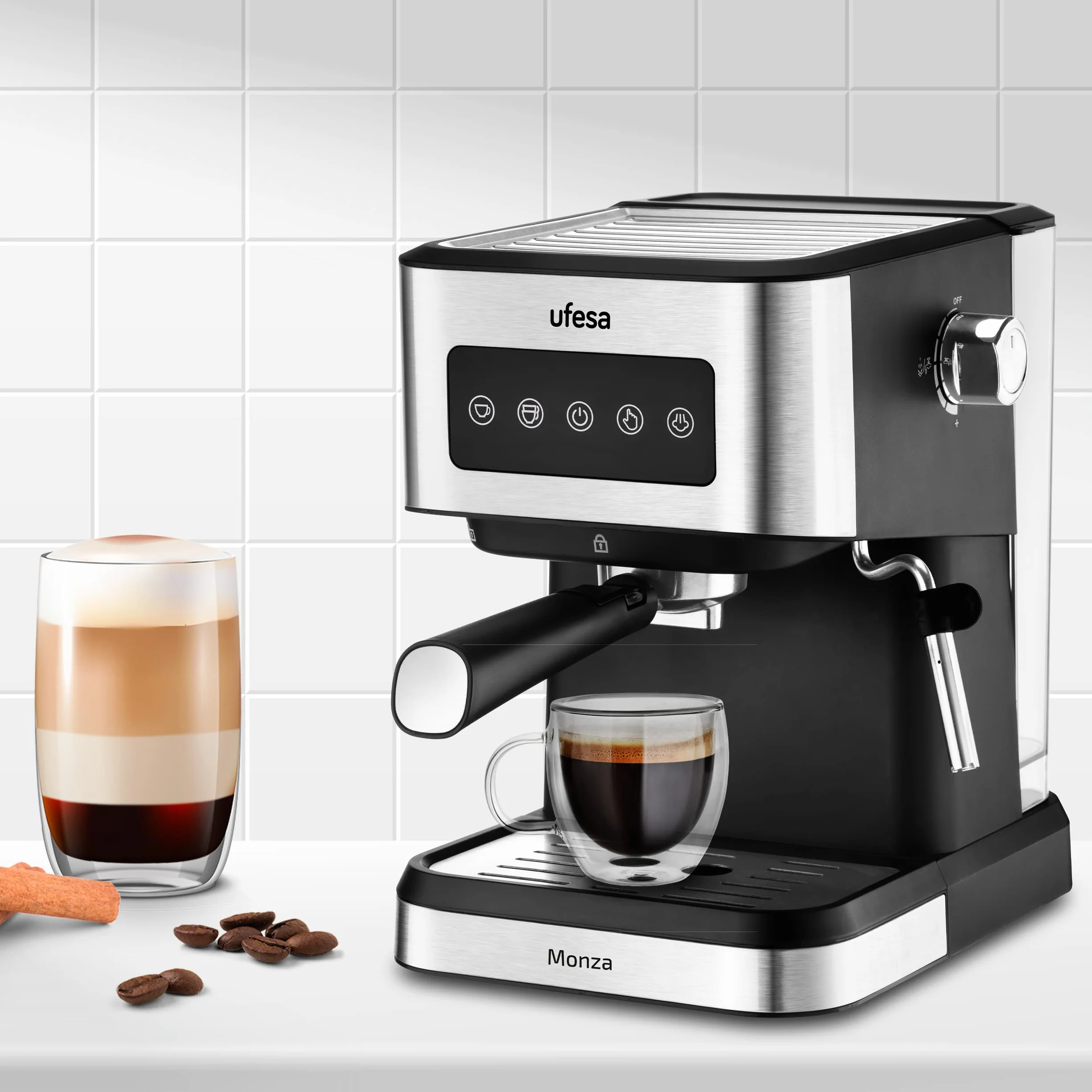Ufesa Monza Macchina Caffè macinato e Cialde Monodose ESE, Pressione 20 BAR, Pannello Digitale Tattile, Vaporiera Regolabile, Serbatoio 1,5 L, Funzione Scaldatazze, 1050 W