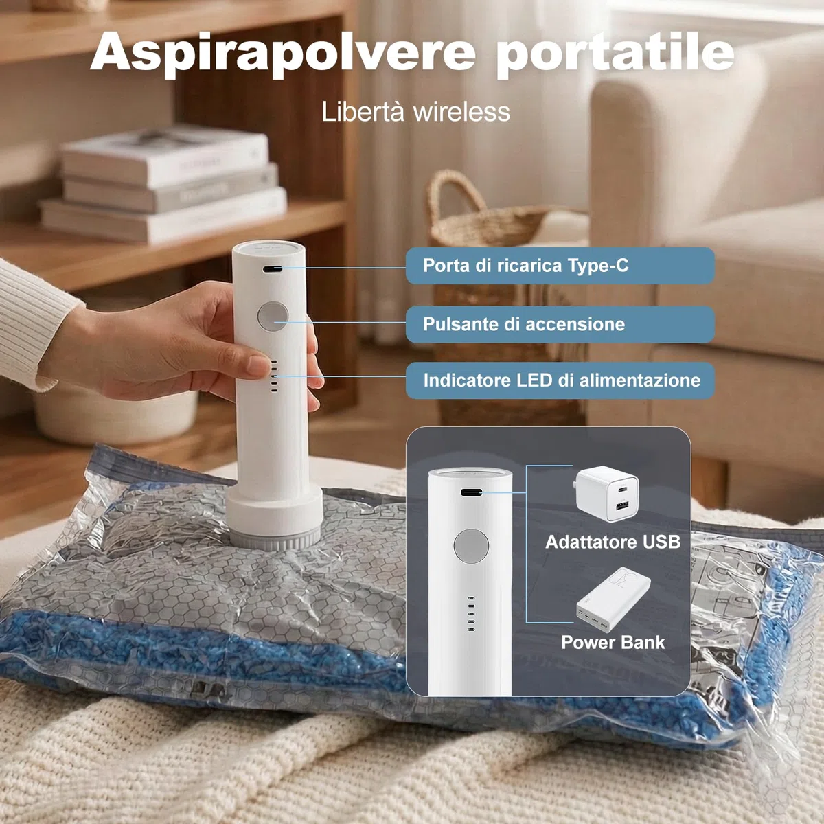Sacchetti Sottovuoto Vestiti con Pompa Elettrica Wireless 2x40x50cm, 2x40x60cm, 2x50x60cm,Carehabi Buste Sottovuoto Salvaspazio per Valigia, Sacchi Sottovuoto Piumoni e Vestiti da Viaggio, USB-C