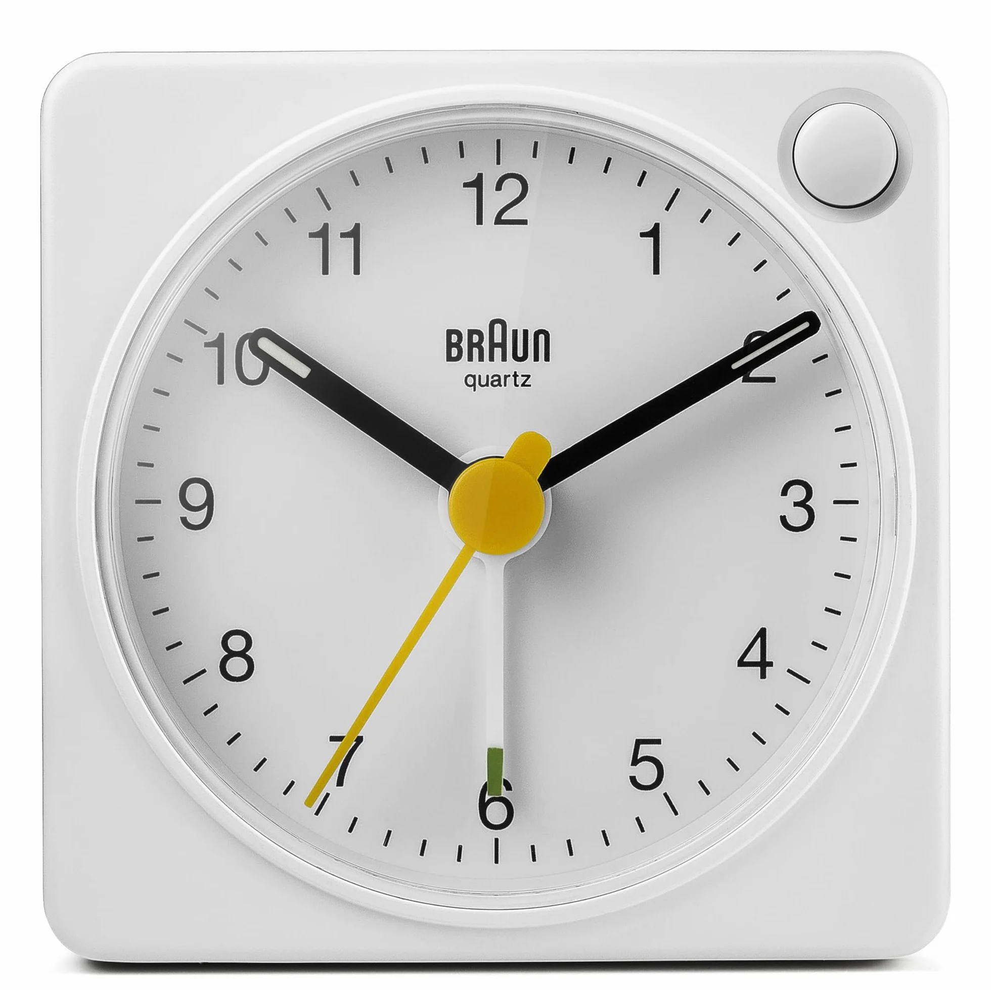 Braun Orologio Sveglia Analogico Classico viaggio con Funzione Snooze e Luce, dimensioni ridotte, Movimento al Quarzo silenzioso, Suono Sveglia Beep con crescendo, colore bianco, modello BC02XW.