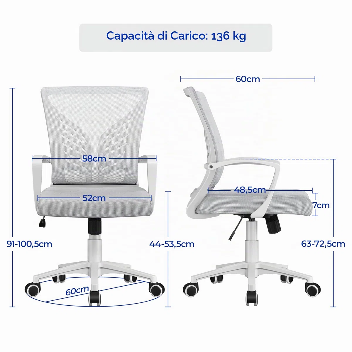 Yaheetech Sedia da Scrivania Ufficio Ergonomica a Rotelle Girevole Reclinabile in Rete Traspirante con Braccioli Altezza Regolabile Portata 136 kg Grigio Chiaro