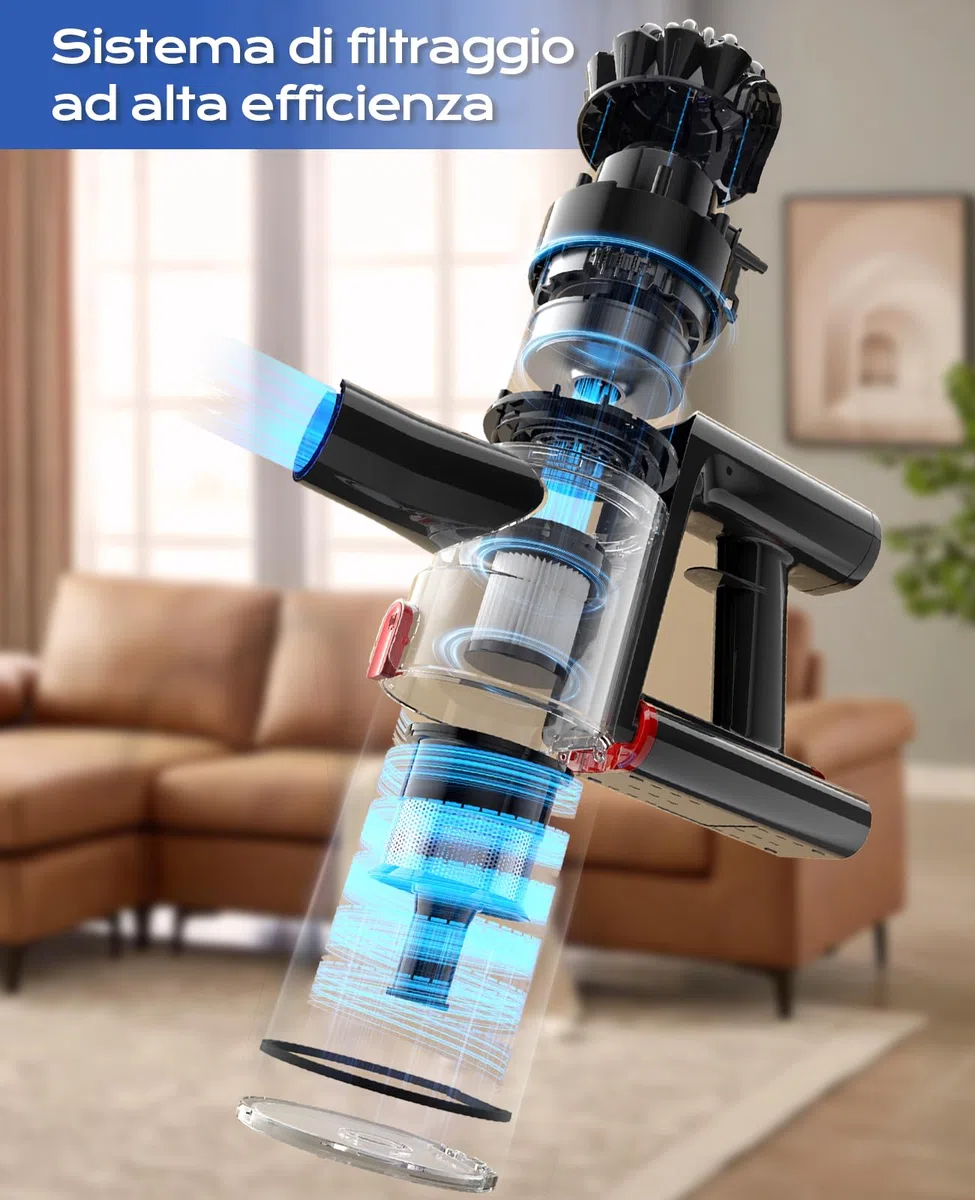 Aspirapolvere Senza Fili, 50Mins/450W/40KPA Scopa Elettrica Senza Fili, Aspirapolvere con LED Verde, Aspirapolvere Verticale con Batteria Rimovibile per Tappeti/Peli Animali, Blu