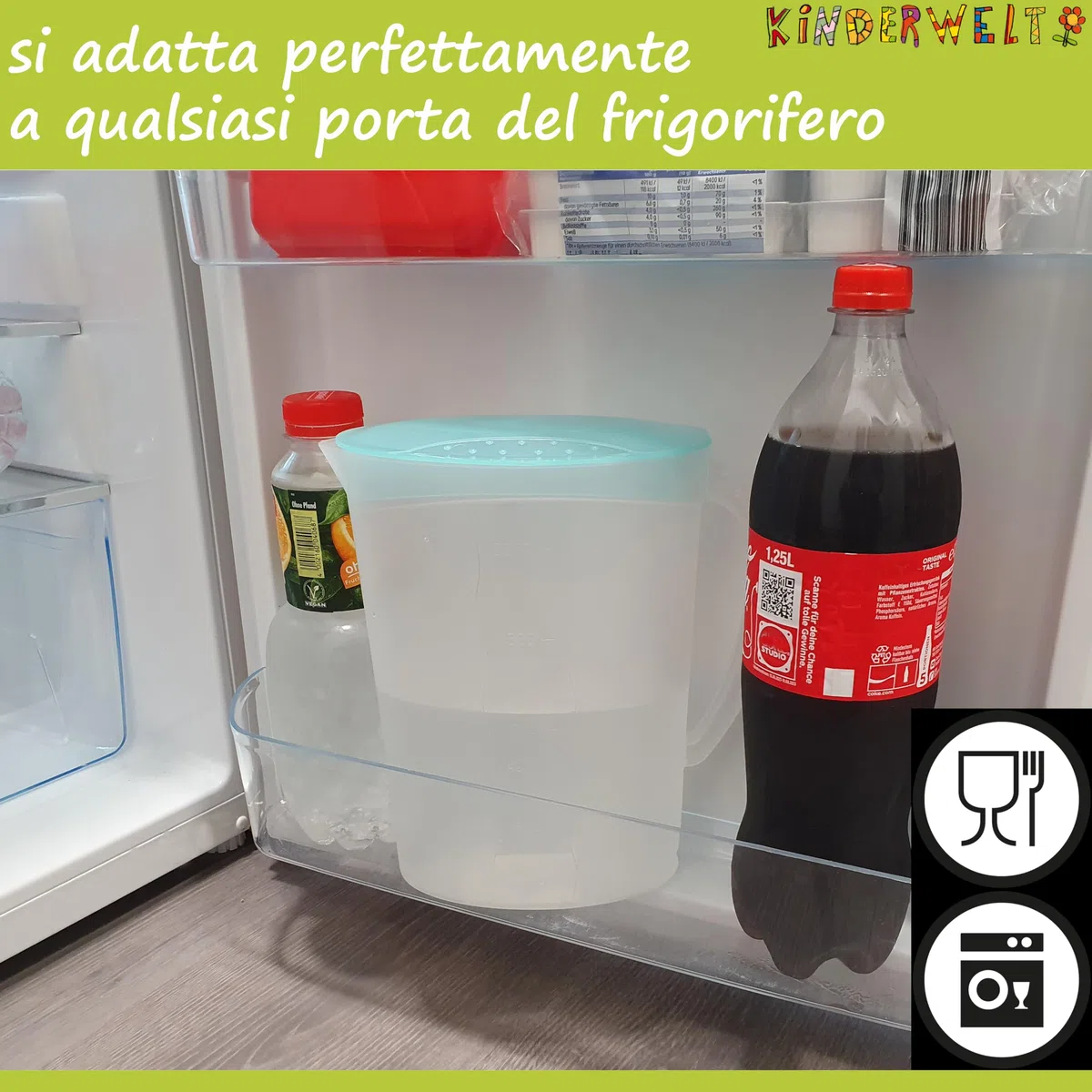 KiNDERWELT Caraffa per succo da 2 litri, in plastica, con coperchio, con inserto per frutta e scala, per porta del frigorifero, caraffa per acqua per bevande fredde come succo, tè freddo