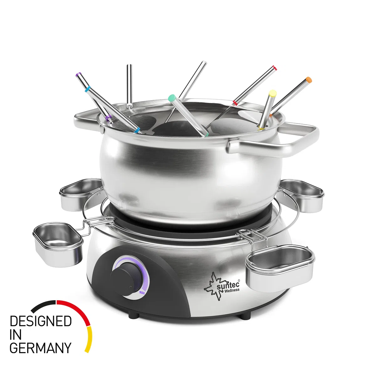 SUNTEC Fondue elettrica Fino a 8 Persone – Forchette + paraspruzzi + Supporto per Salse – Alternativa alla raclette – Pentola per Formaggio + Cioccolata + Grasso – Set in Acciaio Inox FON-8014 V2A