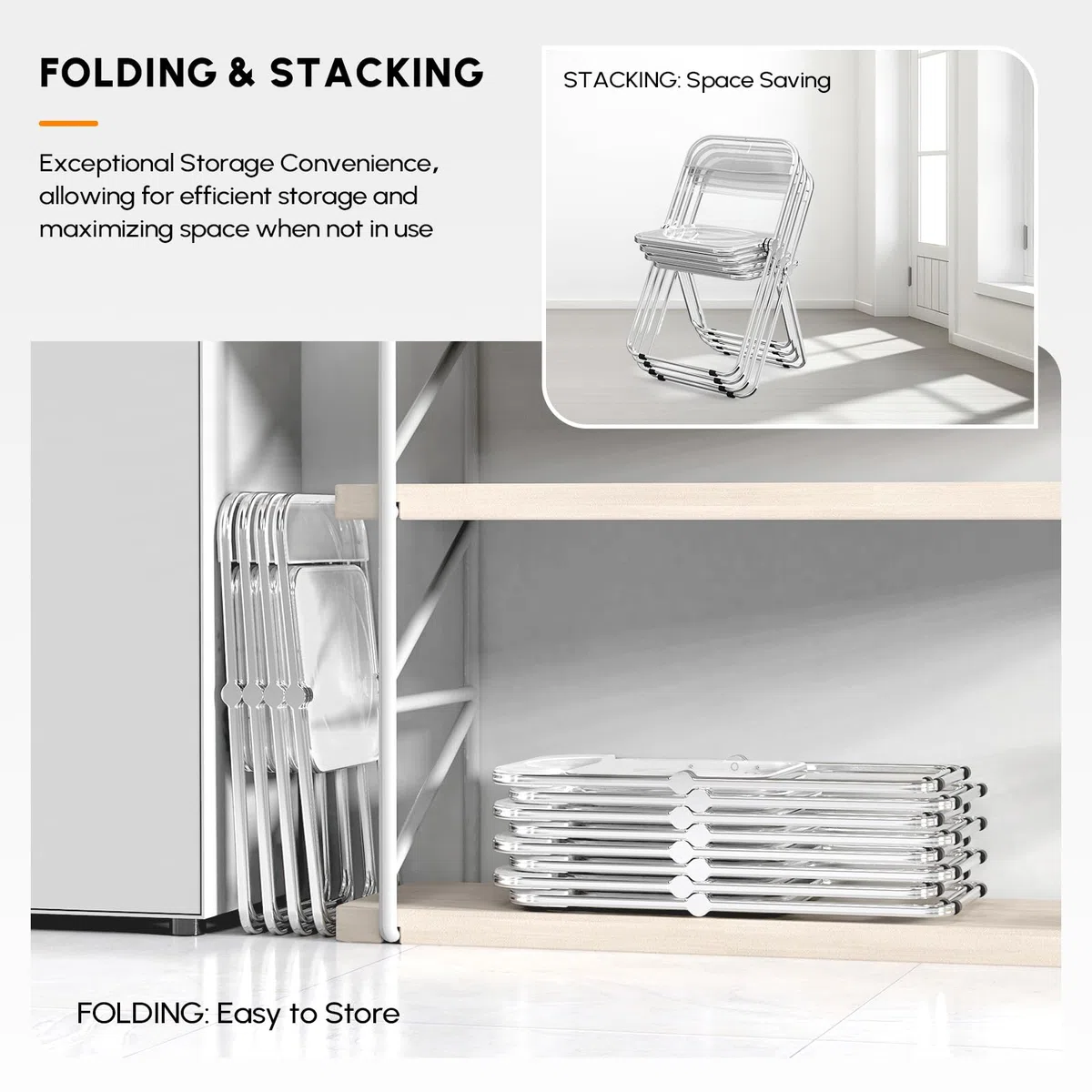 Bonnlo Set 2 Sedie Pieghevoli con Struttura in Acciaio e PET, Seduta Salvaspazio Richiudibile con Piedini, da Viaggio, Cucina, Soggiorno e Conferenza, 47 x 47 x 74 cm, Bianco Trasparente