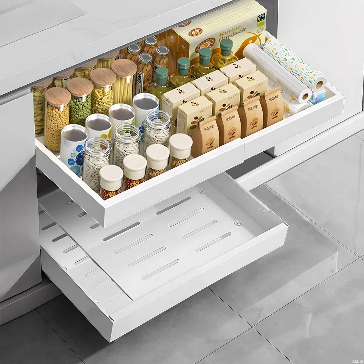 Cassetto Telescopico Portaoggetti da Cucina, Espandibile 32-52 cm, Estraibile, Slide Out Drawers, Non è Necessario Praticare Fori (Bianco)