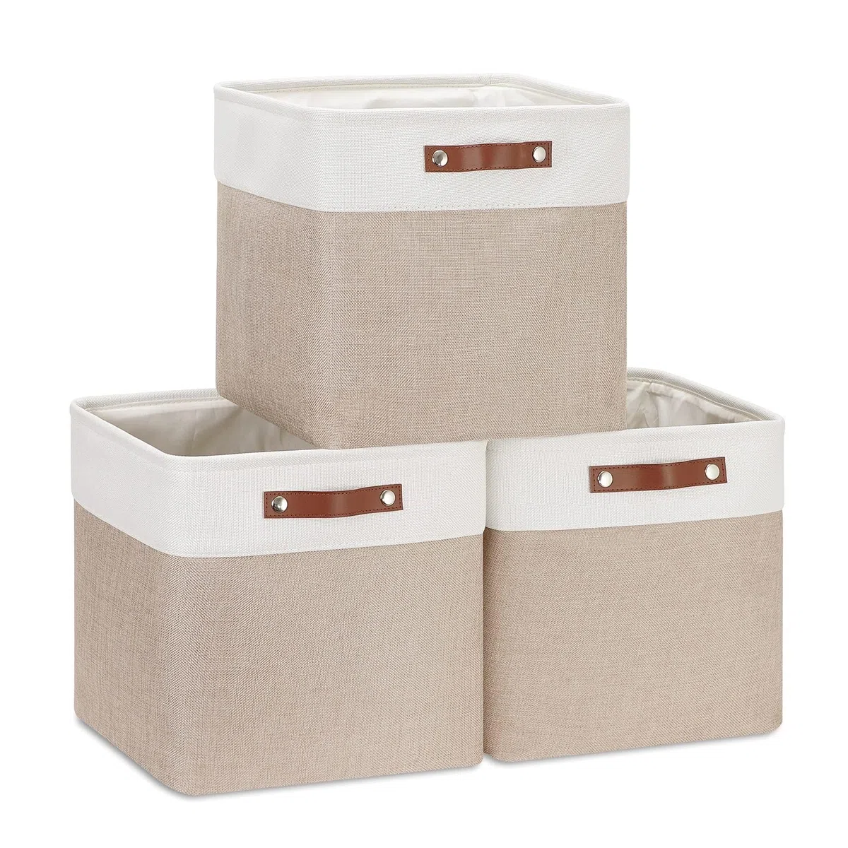 Scatola Portaoggetti in Tessuto, Set da 3 Cubi, 30x30x30cm, con Manico in Finta Pelle per Scaffali, Armadi, Cachi e Bianco