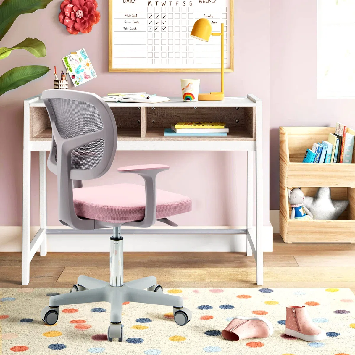 LIFEZEAL Sedia Scrivania Bambini, Sedia Girevole, Altezza Regolabile e Ergonomico, per Bambini, da Cameretta, con Braccioli, Schienale e Sediolina Imbottita, per Bimbo 3 Anni+, Max150kg, Rosa