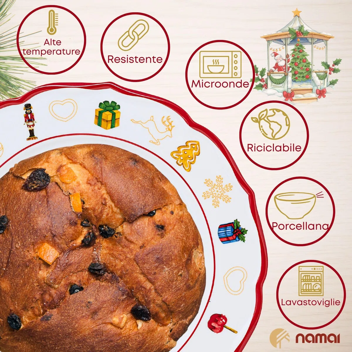NAMAI - Piatto Panettone Natalizio 33 CM, Porcellana Resistente, Eleganza Natalizia, Adatto In Lavastoviglie e Microonde, Piatti Natalizi, Idea Regalo (Piatto Panettone)