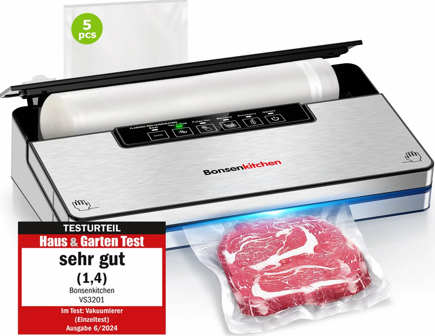 Bonsenkitchen Macchine Sottovuoto Alimenti, 5 Modalità di Sottovuoto Alimenti,8 L/min,Tecnologia Globefish per Lavoro Continuo ad Alta Velocità,Include 5 Sacchetti Sottovuoto e 1 Sacchetto in Rotolo