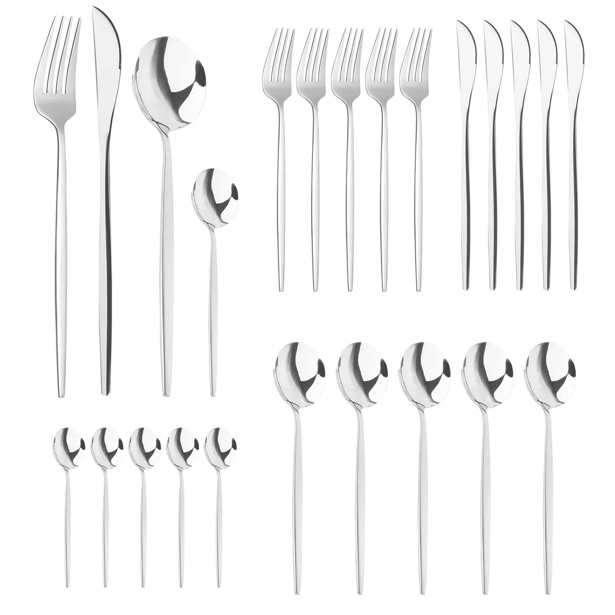 24 Pezzi Set Posate Acciaio Inox 6 Persone con Forchette Cucchiaini Caffe Cucchiaio Lavabili In Lavastoviglie Lucidate a Specchio | Argento