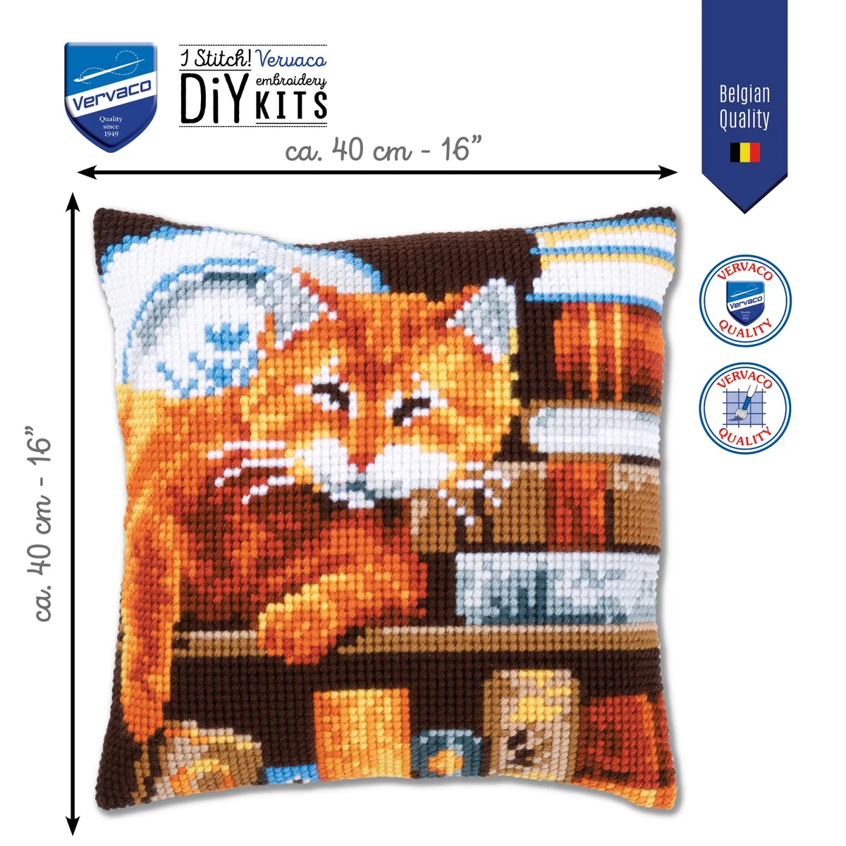 VERVACO Kit Cuscino Punto Croce Gatto E Libri Set Ricamo Principianti Cuscini Gobelin Decorativi ca. 40 x 40 cm Accessori per Lavoretti Creativi DIY Casa Decor Hobby Adulti Cross Stitch