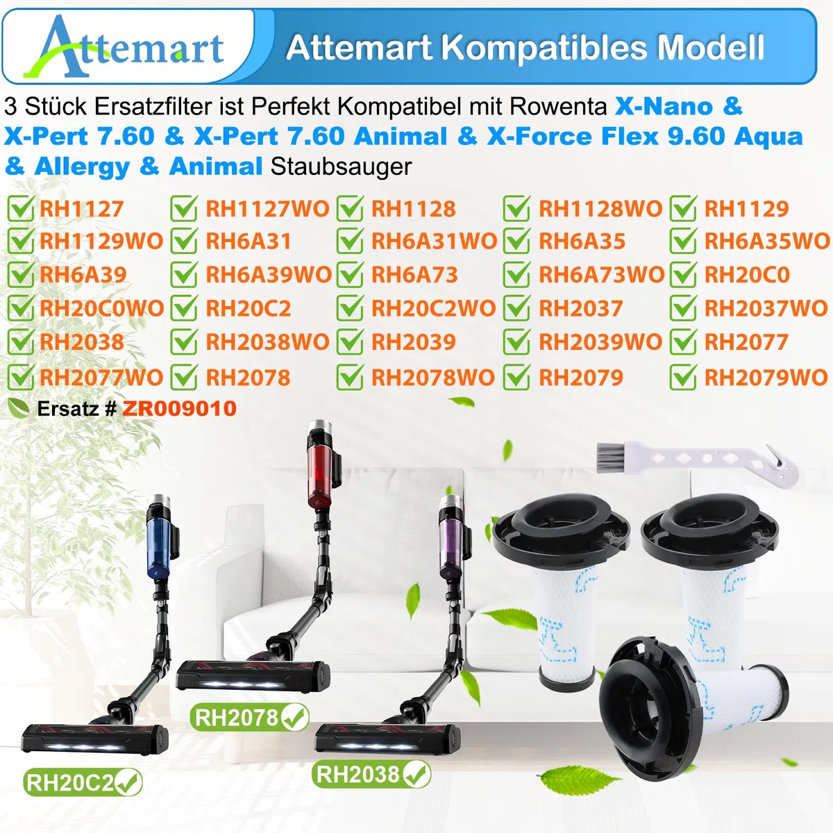 Filtri di Ricambio per Rowenta X-Pert 7.60 Animal/X-Force Flex 9.60 Aqua RH6A31 RH6A33 RH6A73 RH20C0 RH2077 X-Nano RH1127 RH1129 Aspirapolvere Accessori, Alternativa a ZR009010, 3 pezzi