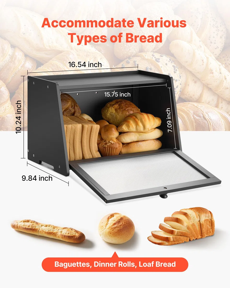 VEVOR Contenitore per Pane da Cucina 420 x 250 x 260 mm Contenitore per Pagnotta in Legno di Bambù per Pane Fatto in Casa, con Pannello Porta in Acrilico Ondulato, Forma di Trapezoidale, Nero