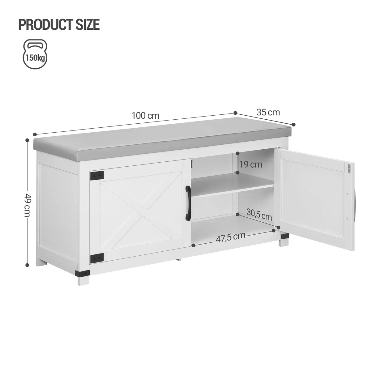 Hzuaneri Panca Scarpiera con Cuscino, Scarpiera da Ingresso Panca con Porte, 8 paia di scarpe, 35 x 100 x 49 cm, Bianco SB26603GY