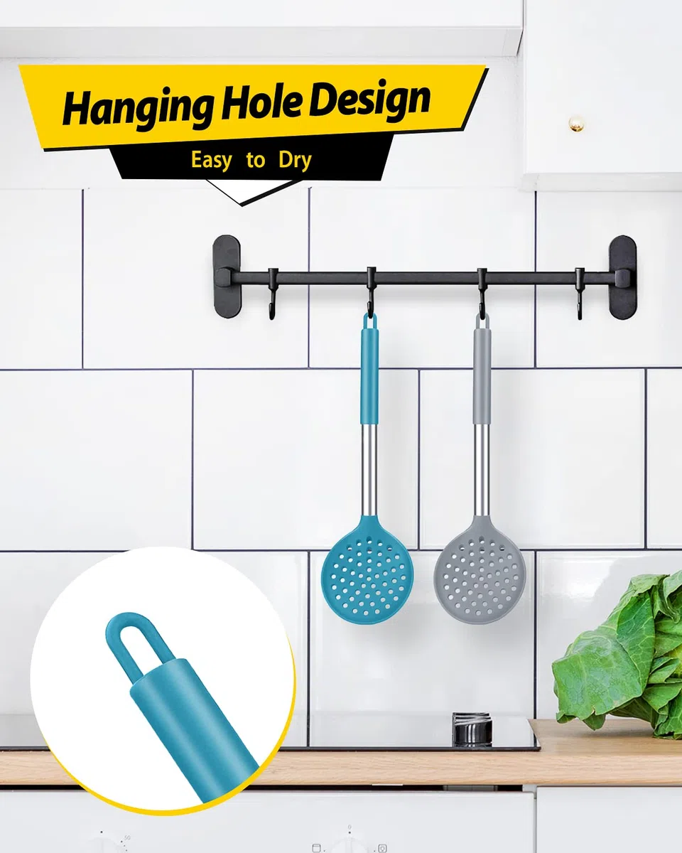 Set di 2 Schiumarola Silicone Alta Resistenza Al Calore, senza BPA, antiaderenti, per scolarli e friggere (grigio e blu)