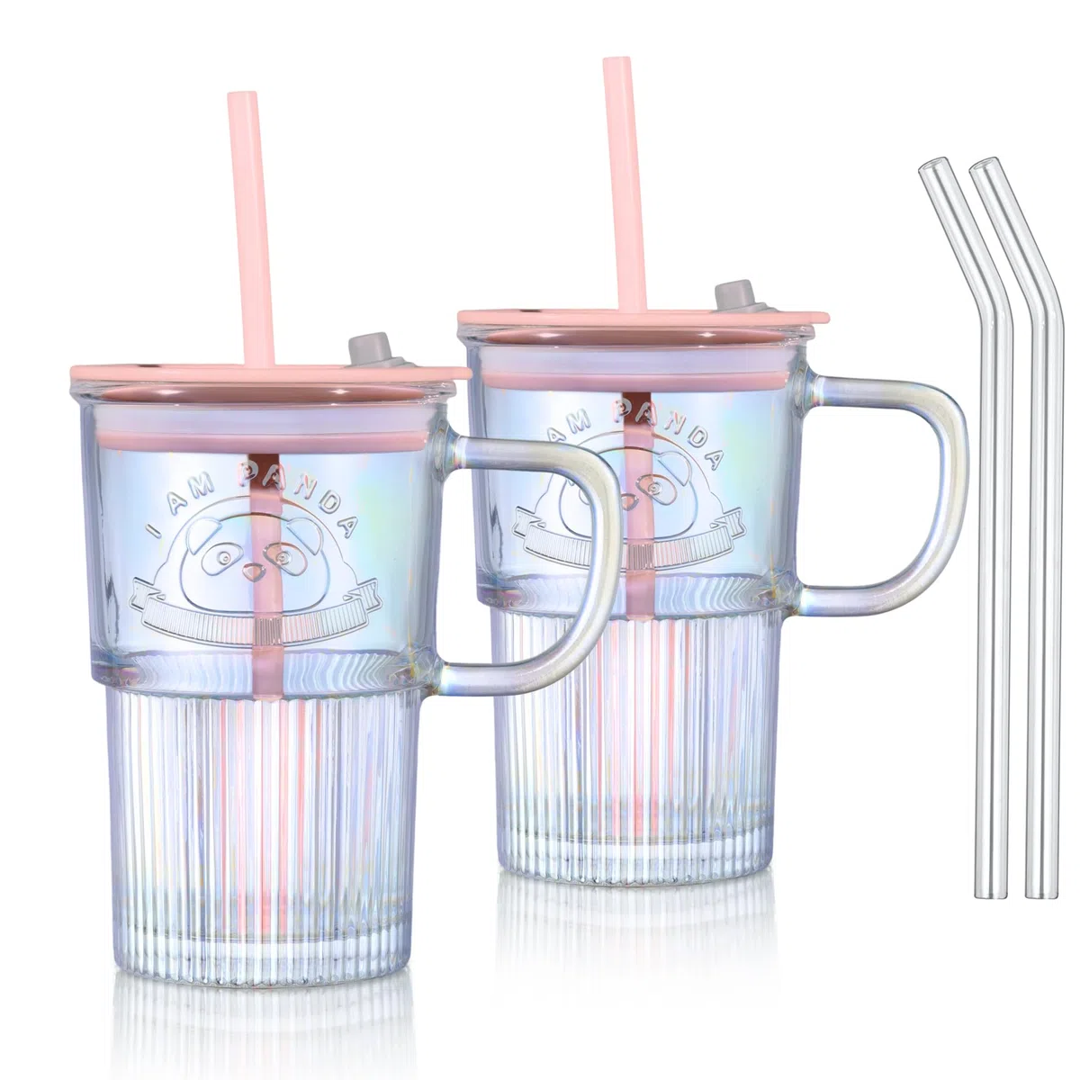 Joeyan 430 ml Iridescente Bicchieri con Cannuccia e Coperchi in Vetro,Tazza da Caffè Ghiacciata con Manico,Bubble Tea Tazza con Motivo,per Frappè Acqua Succhi,Set di 2
