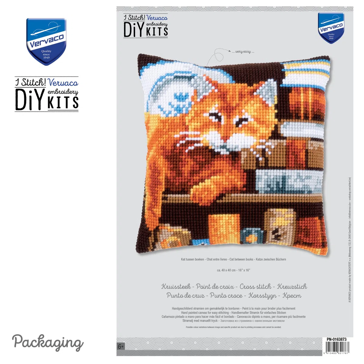 VERVACO Kit Cuscino Punto Croce Gatto E Libri Set Ricamo Principianti Cuscini Gobelin Decorativi ca. 40 x 40 cm Accessori per Lavoretti Creativi DIY Casa Decor Hobby Adulti Cross Stitch