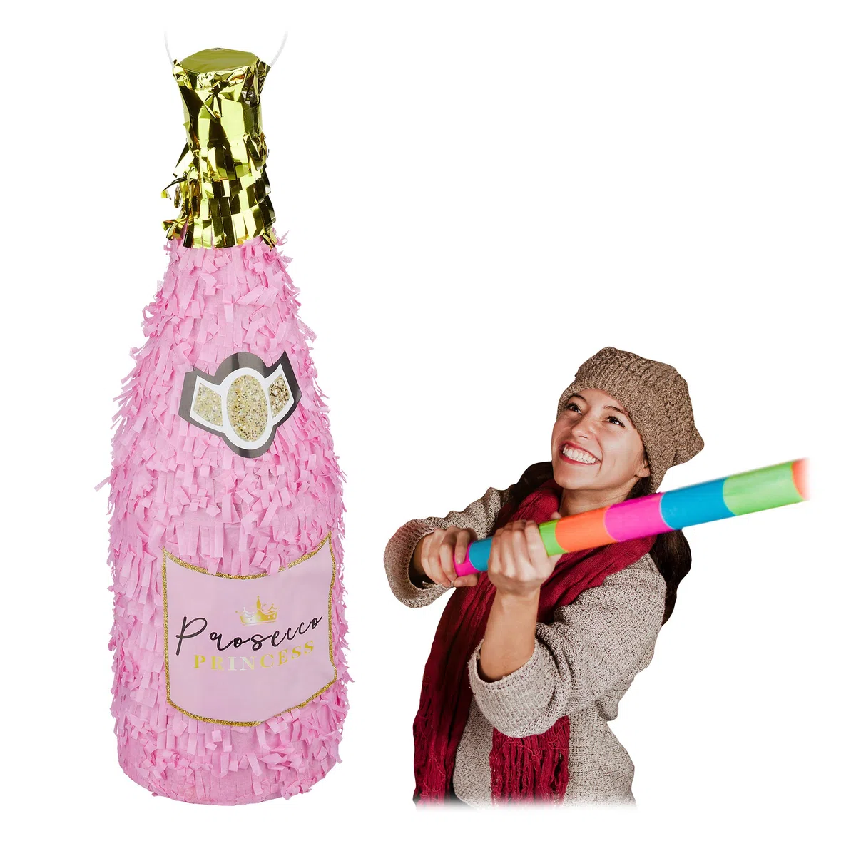 Relaxdays Pignatta a Forma di Bottiglia di Spumante, Pentolaccia da Appendere Riempire, Compleanno Principessa, Rosa-Oro
