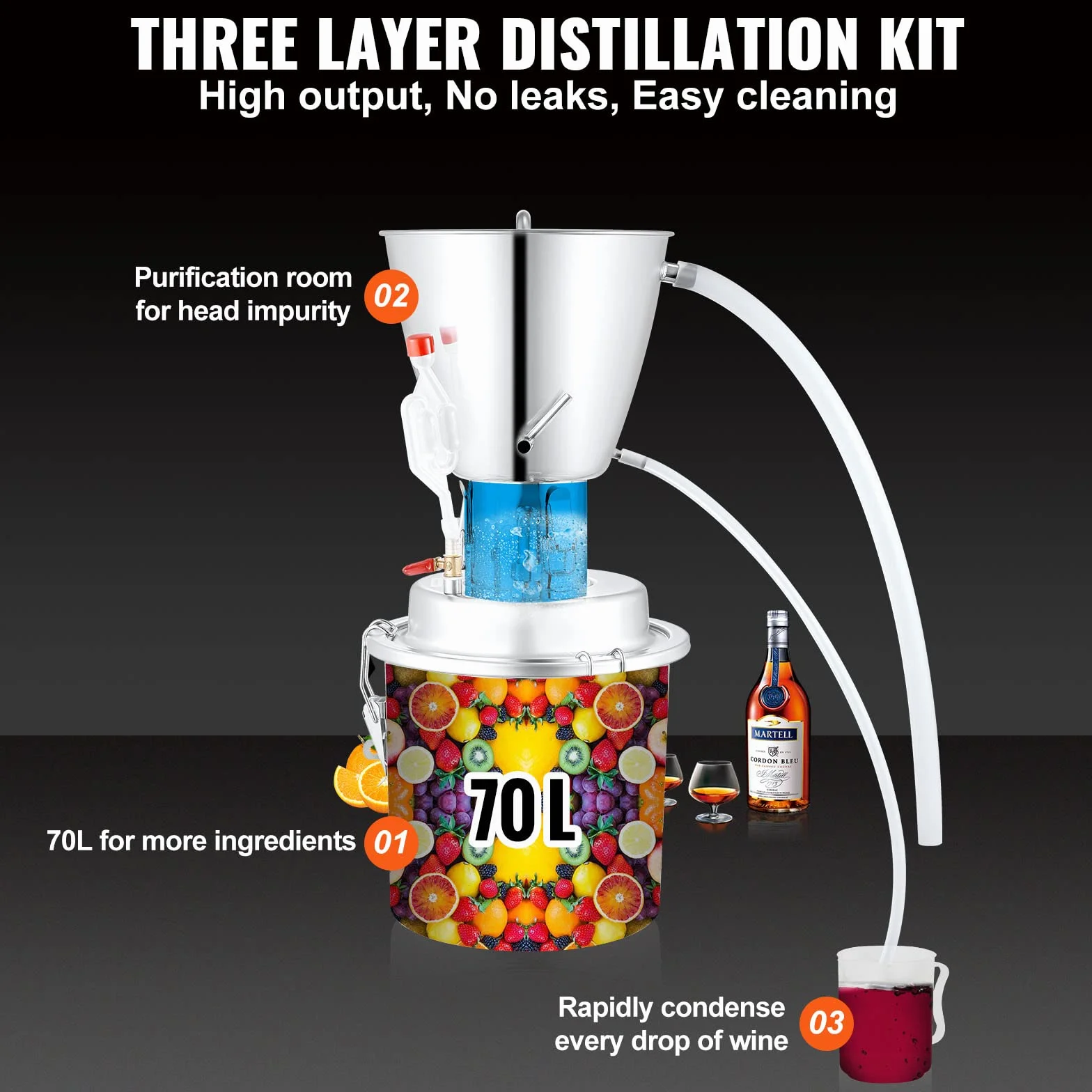 VEVOR Distillatore Alcol con Pompa d'Acqua per Uso Domestico in Acciaio Inox da 70L, Alambicco Distillatore per Vino Liquore Grappa a Casa Uso Domestico con Pompa d'Acqua, Kit per Distillazione Alcol