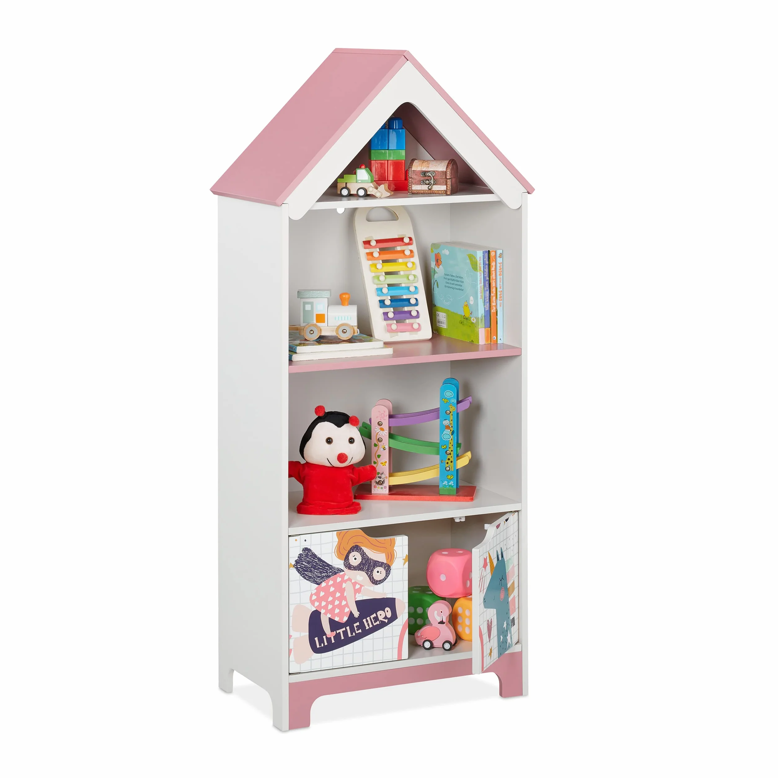 Relaxdays Scaffale Portagiochi, Motivo Super Woman, Cameretta Bambini, con 4 Scomparti e Ante, 93x63x28 cm, Bianco Rosa