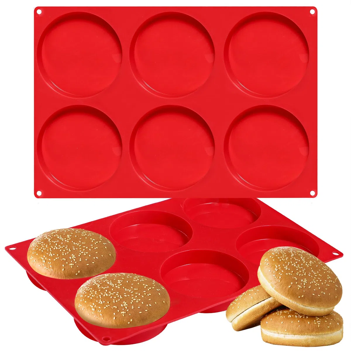 webake Brioche - Stampo in silicone per panini e hamburger, 2 pezzi, 6 cavità, 10 cm, grande stampo in resina, 33 x 22,2 x 2 cm