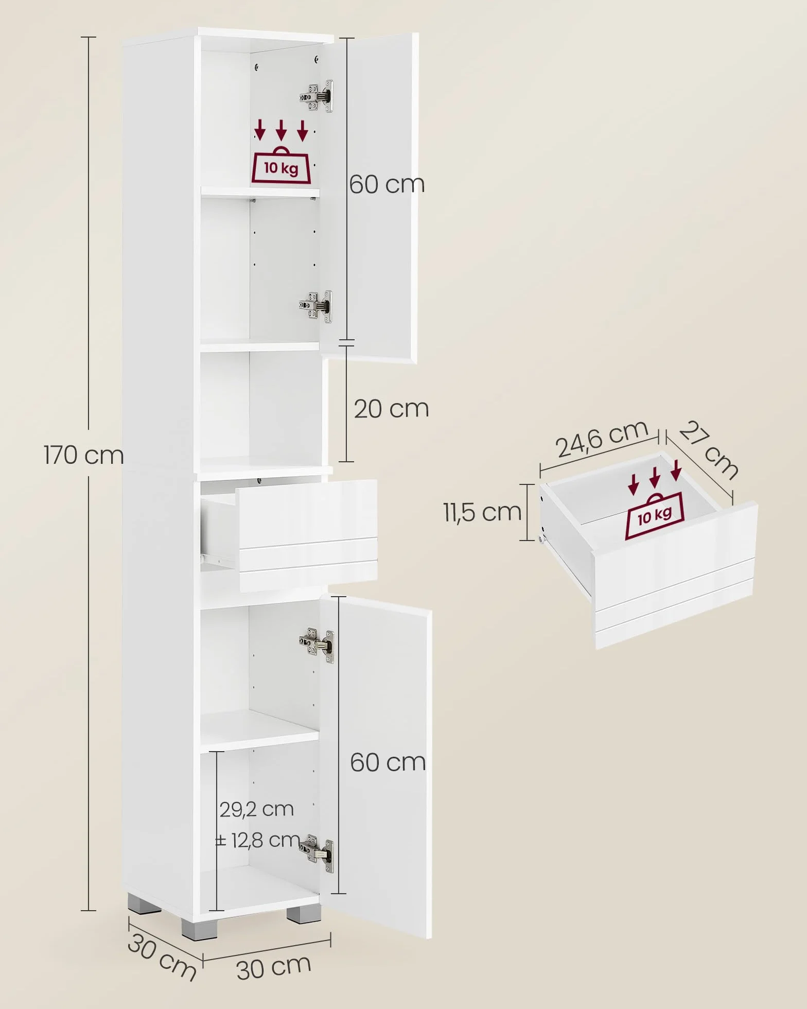 VASAGLE Mobile da Bagno, Mobiletto Portaoggetti, Alto, con Cassetto, Ripiani Regolabili, Scomparti, 30 x 30 x 170 cm, Bianco Nuvola BBC560P31