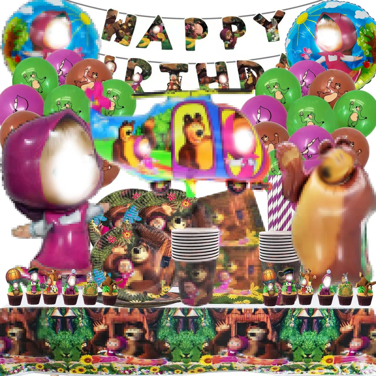 129 Pezzi Stoviglie Compleanno Per 20 Clienti, Orso Compleanno, Addobbi C-ompleanno, Orso C-ompleanno Palloncini Piatti Bicchieri di Carta Tovaglioli Tovaglia