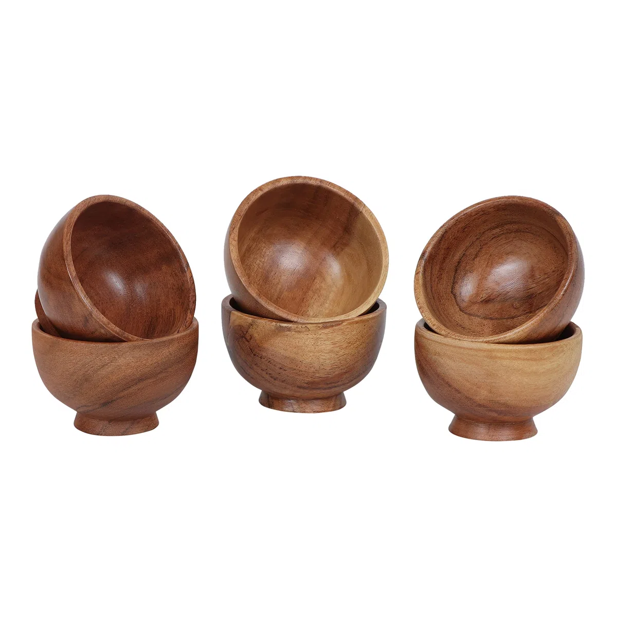 Set di 6 ciotole piccole in legno di acacia | 120 ml ciascuno | Tazze da cucina in legno per servire salse, salse, noci, caramelle e condimenti | Mini tazze carine | 13x5 cm