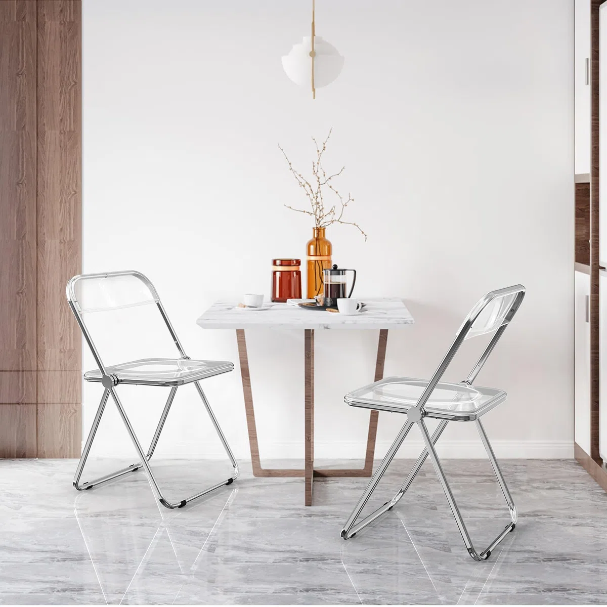 Bonnlo Set 2 Sedie Pieghevoli con Struttura in Acciaio e PET, Seduta Salvaspazio Richiudibile con Piedini, da Viaggio, Cucina, Soggiorno e Conferenza, 47 x 47 x 74 cm, Bianco Trasparente